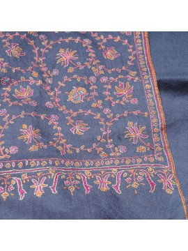 IDA BLEU, châle véritable pashmina 100% cachemire brodé main