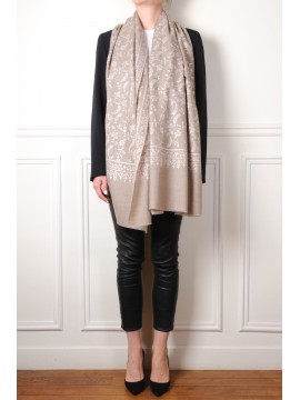 LILA BEIGE, echte handbestickte Pashmina-Schal 100% Kaschmir