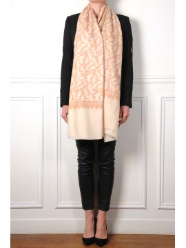 JANET CREME, châle véritable pashmina 100% cachemire brodé main