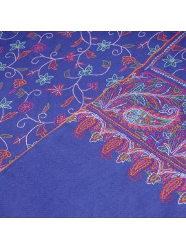 BOHEME BLEU, châle véritable pashmina 100% cachemire brodé main