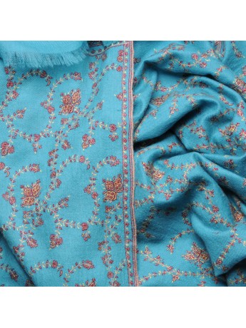 JANET BLEU, châle véritable pashmina 100% cachemire brodé main