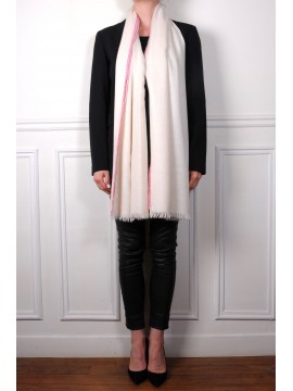 LINA IVOIRE et ROSE, étole véritable pashmina 100% cachemire brodé main