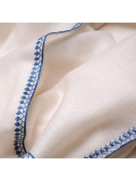 LINA IVOIRE et BLEU, étole véritable pashmina 100% cachemire brodé main