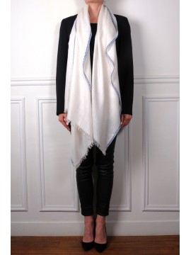 LINA IVOIRE et BLEU, étole véritable pashmina 100% cachemire brodé main