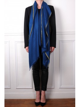 LINA BLAUW en GOUD, 100% cashmere handgeborduurde pashmina stola