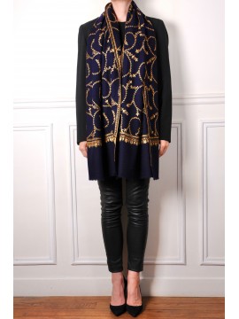 JULIA MARINEBLAUW, echte Pashmina stola 100% handgeborduurd cashmere