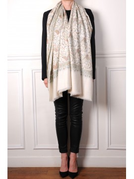 SOFIA CREME, echte handbestickte Pashmina-Schal 100% Kaschmir