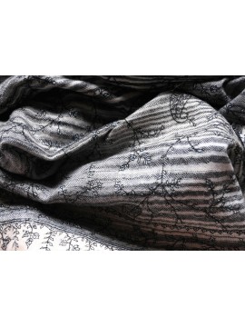 Véritable Pashmina 100% cachemire Ikat Ecru naturel et noir rebrodé main