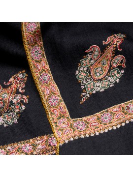 ASHLEY NOIR, châle véritable pashmina 100% cachemire brodé main