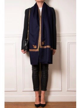 ASHA MARINE, étole véritable pashmina 100% cachemire brodé main