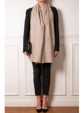 SARA BEIGE, étole véritable Pashmina 100% cachemire brodé main
