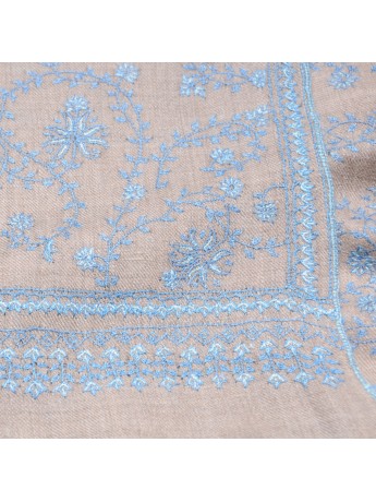 ZOE BLUE, real pashmina 100% cashmere natural with full handmade embroideries
