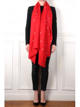 SARA ROUGE, étole véritable Pashmina 100% cachemire brodé main