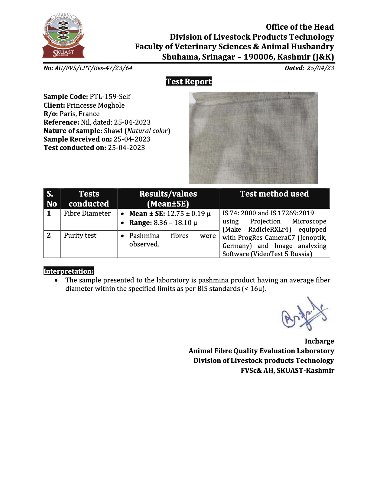 Certificate of authenticity of Kashmir Pashmina